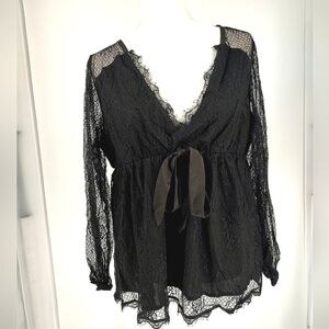 Chateauamour Black Lace Sheer Sleeve Surplice Top, Size XL